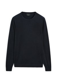 Navy blue long-sleeve sweater, crew neck design, made of a smooth fabric, features ribbed cuffs and hem, with minimal stitching details.