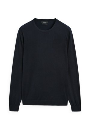 Maglione lungo blu navy, design a girocollo, realizzato in un tessuto liscio, con polsini e orlo a coste, caratterizzato da dettagli di cucitura minimal.