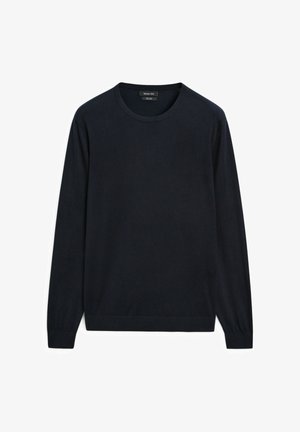 Námořnická modrá dlouhá mikina s dlouhým rukávem, design s kulatým výstřihem, vyrobená z hladké tkaniny, má žebrované manžety a lem, s minimálním počtem švů.