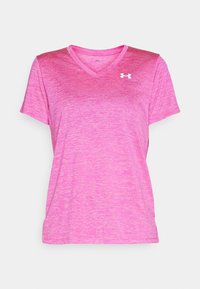 Rosa, kortärmad tränings t-shirt med V-ringning, featuring en melerad struktur och en vit logotyp på vänster bröst.