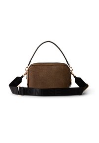 Rectangular brown textured crossbody bag with black adjustable strap and short handle, gold hardware, and zippered top closure on white background.