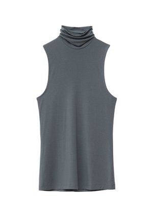 Mouwloze coltrui in donkergrijze stof; zachte textuur en gevallen halslijn. Heeft een ontspannen pasvorm zonder zichtbare sluitingen of versieringen.