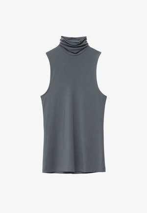 Mouwloze coltrui in donkergrijze stof; zachte textuur en gevallen halslijn. Heeft een ontspannen pasvorm zonder zichtbare sluitingen of versieringen.