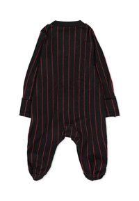 Giocattolo nero a maniche lunghe con strisce verticali rosse, dotato di maniche a cuffia e caviglie elasticizzate. Materiale in cotone morbido.