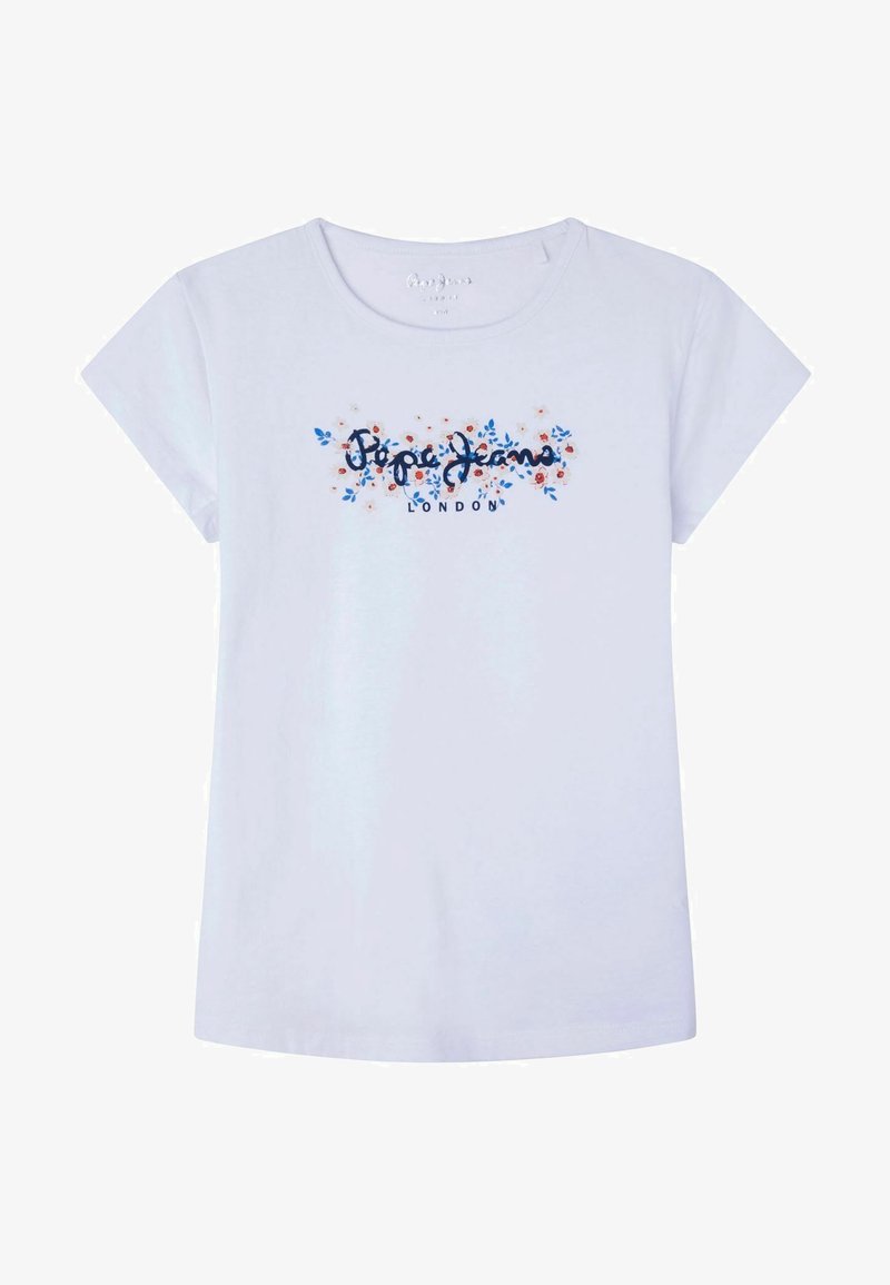 Hvid bomuld T-shirt med korte ærmer, med et blomsterdesign i blå og orange omkring "Pepe Jeans London" trykt i mørkeblå.
