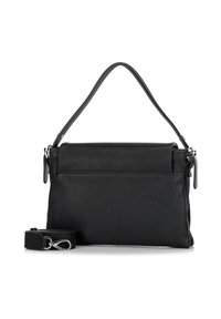 Borsa a tracolla in pelle nera con una texture liscia, forma rettangolare, chiusura con cerniera e tracolla removibile. Presenta un manico superiore e un design minimalista.