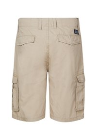Pantaloni cargo beige con molteplici tasche laterali e posteriori, realizzati in tessuto leggero, con cuciture decorative e una cintura con passanti per la cintura.