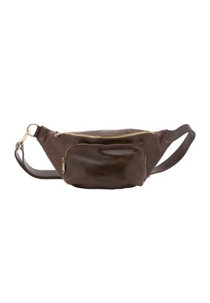 Marsupio in pelle marrone con una superficie liscia, dotato di una tasca frontale con zip e una cerniera dorata, e una cintura regolabile ampia.