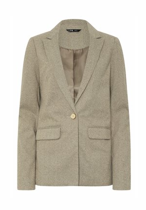 Blazer de espiga en tonos beige, con solapas de muesca, dos bolsillos frontales, cierre de botón sencillo y forro suave.