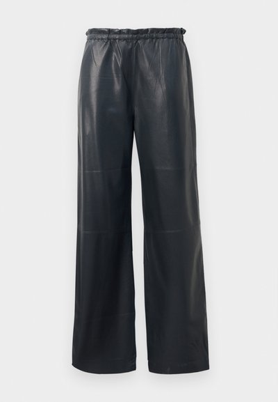 Black faux leather wide-leg pants with an elastic waistband, featuring a smooth texture and clean stitching.