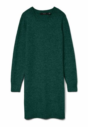 Turkizna obleka s dolgimi rokavi, okroglim izrezom in rebrastimi manšetami. Narejena iz teksturirane pletene tkanine z nekoliko ohlapnim krojem.