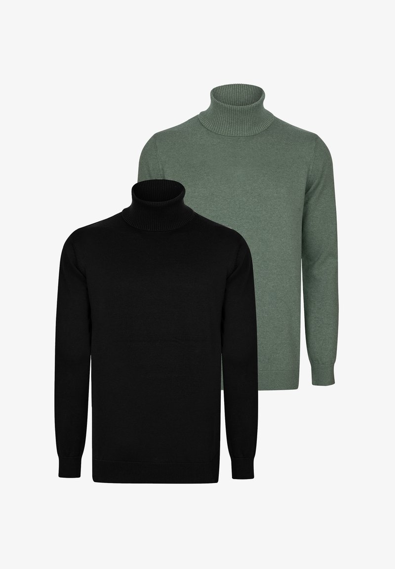 Zwei Rollkragenpullover: einer schwarz und einer grün. Der schwarze Pullover hat einen gerippten Kragen, während der grüne eine glatte Textur aufweist.