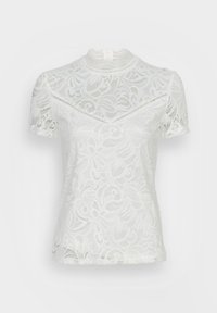 Top bianco in pizzo con maniche corte, colletto alto, motivo floreale, trama trasparente e chiusura con zip sul retro.