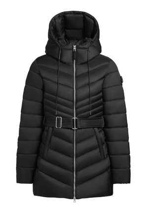 Must must jacket, mille lukuga tõmbluku ees, reguleeritav nööridega kapuuts, chevron tikandiga disain ning vöökoht. 