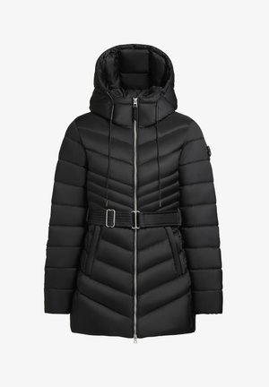 Must must jacket, mille lukuga tõmbluku ees, reguleeritav nööridega kapuuts, chevron tikandiga disain ning vöökoht.