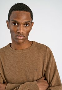 Bruine gebreide sweater met een ronde hals, voorzien van geribde manchetten en een subtiel logo op de borst. Zachte textuur met een ontspannen pasvorm.