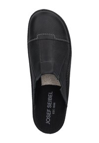 Black leather slip-on shoe with textured upper, elastic side panel, and cushioned insole. Features contrasting stitching and logo on the insole.