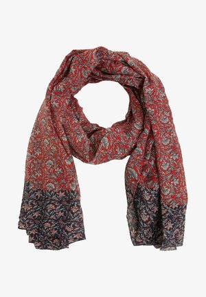 Let tørklæde med røde og mørkeblå blomster mønstre, løst bundet med synlig tekstur og folder.