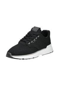 Czarne buty sportowe z teksturowaną cholewką z dzianiny, białą podeszwą środkową i czarną gumową podeszwą. Posiadają sześć otworów na sznurowadła i logo na języku.