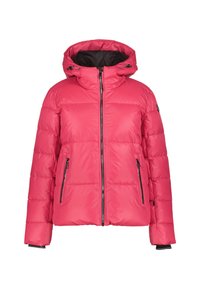 Veste d'hiver rembourrée rose vif avec capuche, fermeture éclair à l'avant et poches latérales zippées, présentée sur fond blanc.