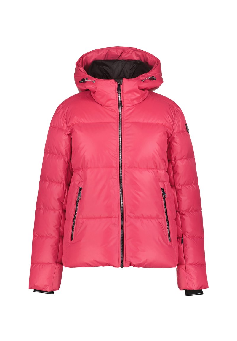 Veste d'hiver rembourrée rose vif avec capuche, fermeture éclair à l'avant et poches latérales zippées, présentée sur fond blanc.