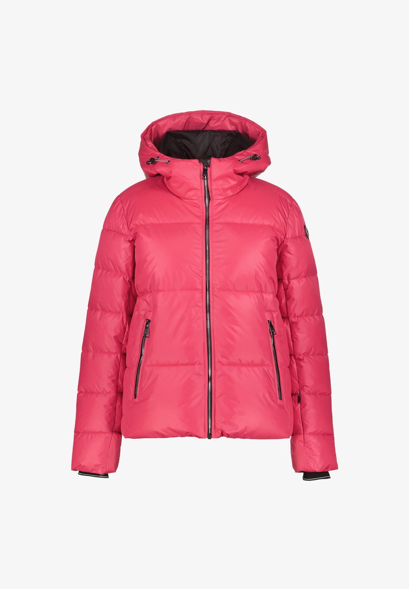 Veste d'hiver rembourrée rose vif avec capuche, fermeture éclair à l'avant et poches latérales zippées, présentée sur fond blanc.