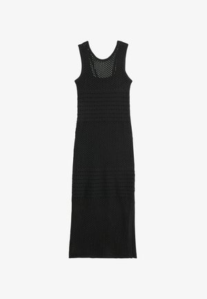 Schwarzes gehäkeltes Maxikleid mit runder Ausschnittlinie, das offene Strickabschnitte und horizontale Bänder aufweist. Knielang mit seitlichen Schlitzen.