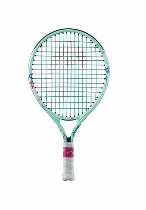 Tenniss racket met een muntgroen frame, zwarte snaren, bloemaccenten en een roze grip gewikkeld met witte tape. De diameter is ongeveer 66 centimeter.
