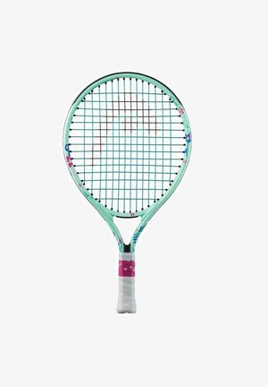 Tenniss racket met een muntgroen frame, zwarte snaren, bloemaccenten en een roze grip gewikkeld met witte tape. De diameter is ongeveer 66 centimeter.