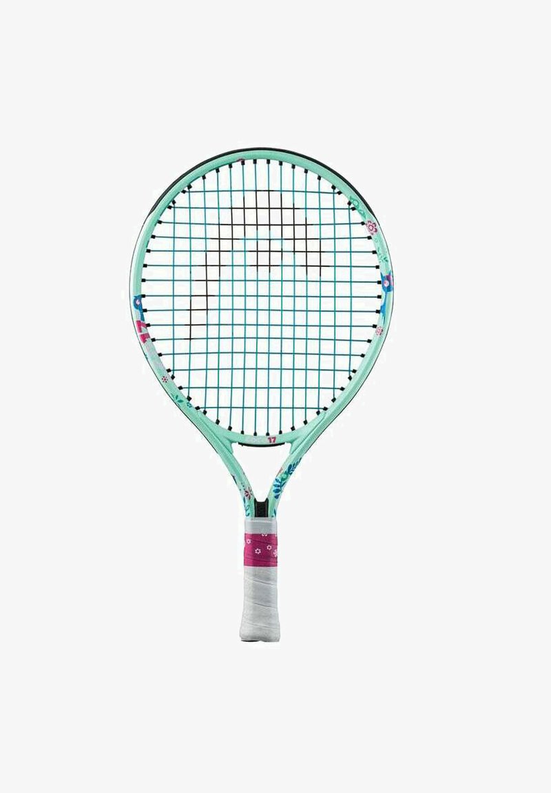 Raquette de tennis avec un cadre vert menthe, cordage noir, accents floraux et une poignée rose enroulée de ruban blanc. Le diamètre est d'environ 66 centimètres.