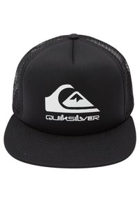 Černá síťová kšiltovka s rovnou špicí a bílým logem Quiksilver, které na přední straně zobrazuje vlnu a design hory.