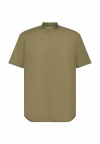 Olijfgroene shirt met korte mouwen, mandarin kraag en centrale knoopsluiting, eenvoudig ontwerp, rechte zoom.