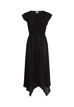 Zwarte maxi-jurk met geruite mouwen, diepe V-hals en elastische tailleband. Vloeiende stof heeft een hoge-laag zoom voor extra beweging.