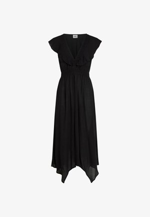 Zwarte maxi-jurk met geruite mouwen, diepe V-hals en elastische tailleband. Vloeiende stof heeft een hoge-laag zoom voor extra beweging.