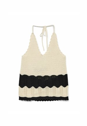 Top de ganchillo en crema y negro con un escote triangular, bordes con volantes y bandas de color alternadas que presentan un patrón de olas.