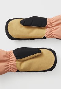 Γαλλικά γάντια με ροζ ύφασμα στον καρπό, μαύρο επάνω μέρος και καφέ δέρμα στην παλάμη. Υφές με ελαστικό στον καρπό για ασφαλή εφαρμογή.