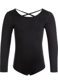 Musta pitkähihainen body, jossa on pyöreä pääntie ja ristikkäinen selkädesign. Valmistettu sileästä, joustavasta kankaasta, joka istuu tiukasti.