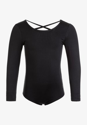 Schwarzer Langarm-Bodysuit mit Rundhalsausschnitt und gekreuztem Rückendesign. Hergestellt aus glattem, dehnbarem Stoff mit figurbetontem Schnitt.