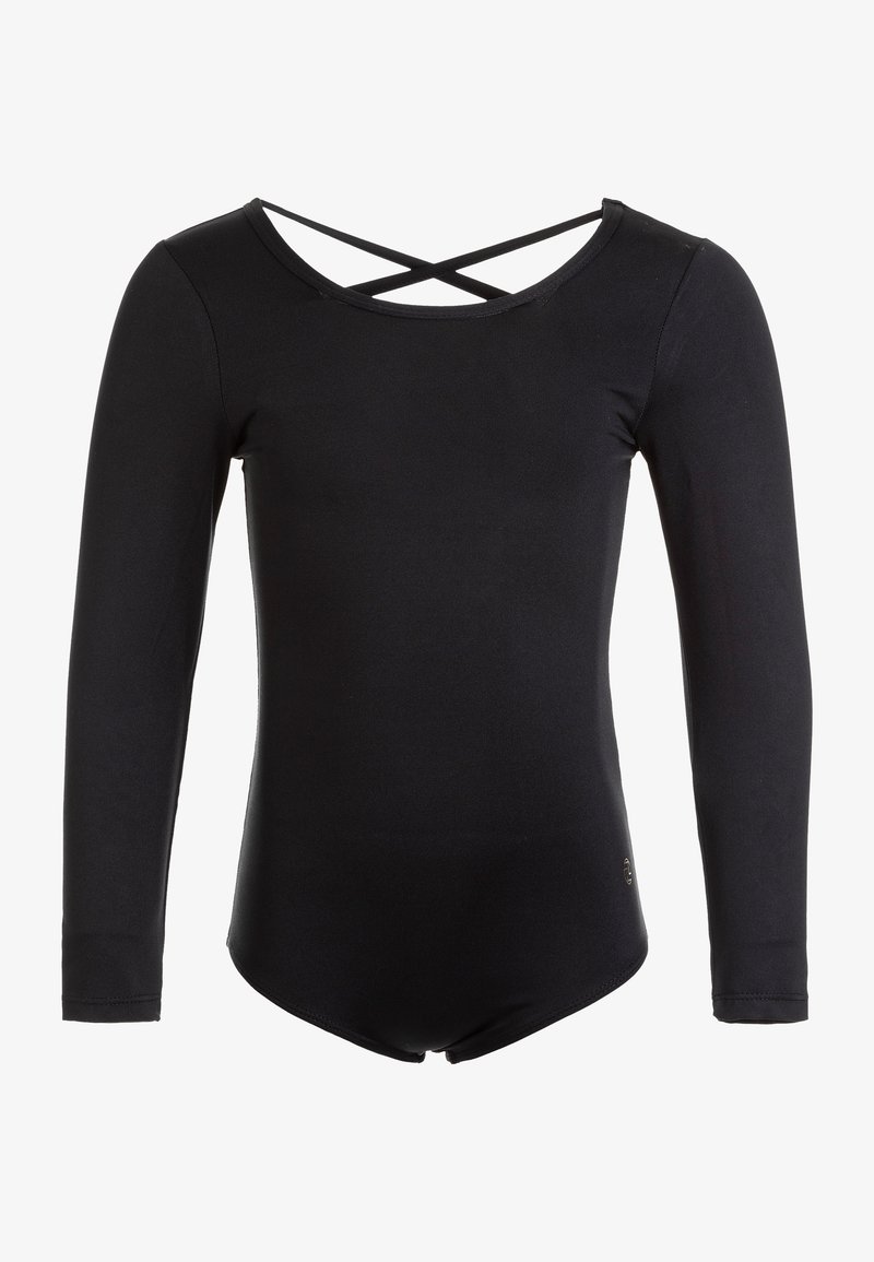 Zwarte lange mouw bodysuit met een ronde hals en een crisscross rugontwerp. Gemaakt van een soepele, rekbare stof met een strakke pasvorm.