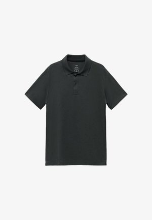 Schwarzes Poloshirt aus Baumwolle mit kragenähnlichem Hals, kurzen Ärmeln und Knopfleiste mit drei Knöpfen. Glatte Textur, ohne Muster oder Akzente.