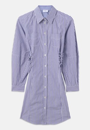 Long-sleeve blue and white vertical striped shirt dress with button front, chest pockets, and gathered side detailing.
