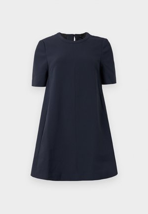 Navy blue short-sleeved dress with a round neckline, A-line silhouette, and back keyhole detail. Made of smooth fabric with no patterns.