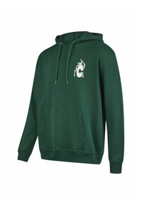 Green hoodie made of soft fabric, featuring a kangaroo pocket and drawstrings, with a white graphic design on the left chest area.
