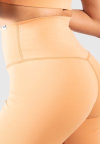 Dlouhé legíny s vysokým pasem, vyrobené z jemné broskvové látky, s viditelnými švy, hladkou strukturou a přiléhavým střihem.