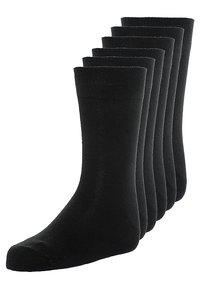 Schwarze Baumwollsocken, sechs Paar ausgestellt, gerippte Textur, klassische Knöchellänge, einfarbig ohne Muster oder Verzierungen.