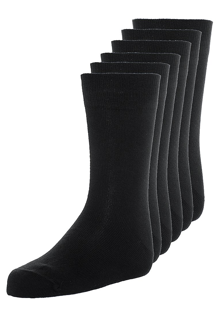 Schwarze Baumwollsocken, sechs Paar ausgestellt, gerippte Textur, klassische Knöchellänge, einfarbig ohne Muster oder Verzierungen.