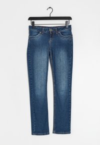 Jeans i mörkblå denim med rak ben design. Har framfickor, dragkedja och kontrasterande orange sömmar längs sömmarna.