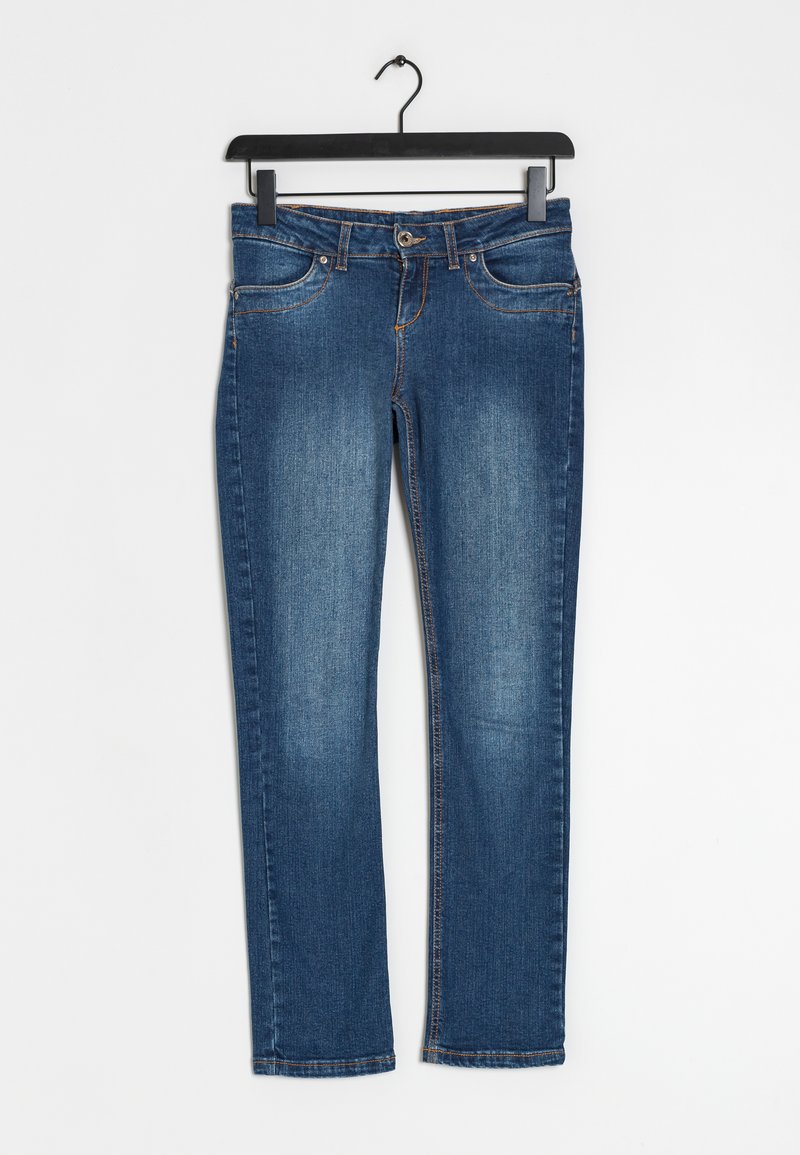 Jeans i mörkblå denim med rak ben design. Har framfickor, dragkedja och kontrasterande orange sömmar längs sömmarna.