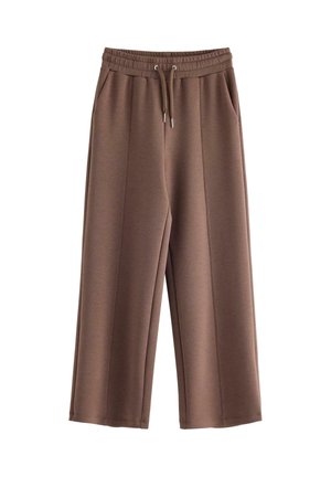Brown wide-leg sweatpants with elastic waistband, drawstring, and side pockets, shown against a white background.