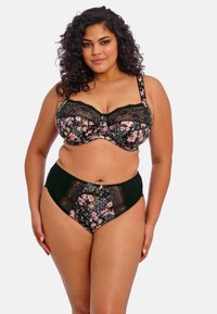 Conjunto de sujetador de encaje negro floral y braguitas de talle alto con patrones en rosa y blanco, que presenta una tela suave y delicados acentos de encaje.
